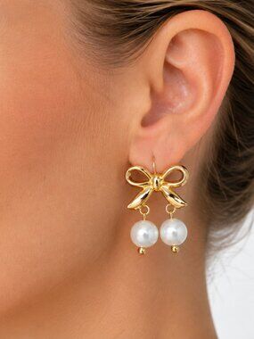 Bowtie and Pearls Gold Plated Earrings